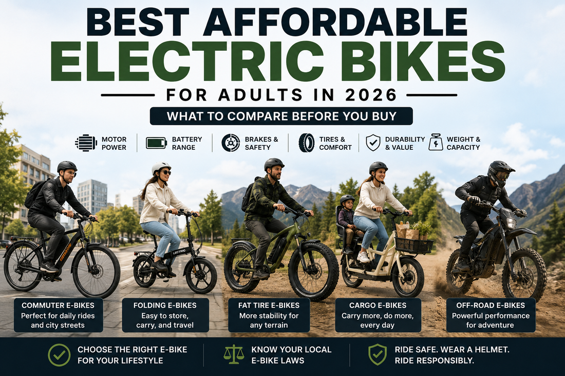 Affordable electric bikes for adults buying guide with commuter, folding, fat tire, cargo, and off-road e-bike options.