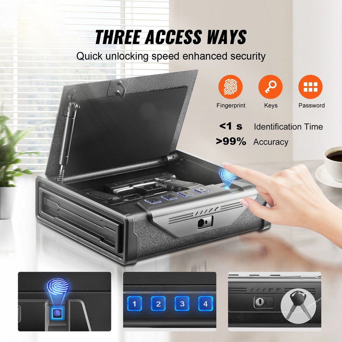 Biometric handgun safe with fingerprint access, keypad entry, and secure pistol storage features