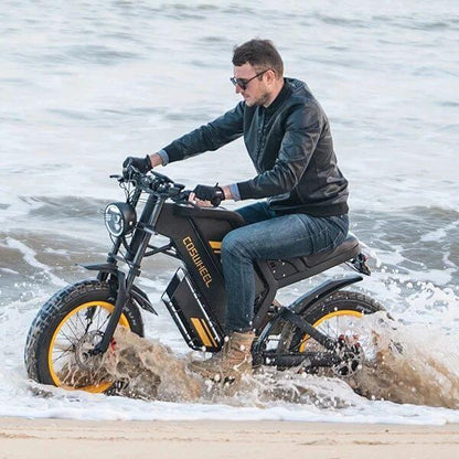Black Coswheel GT20 1000W 48V adventure ebike with 20 inch fat tires and orange accents.
