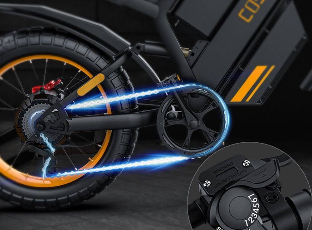 Black Coswheel GT20 1000W 48V adventure ebike with 20 inch fat tires and orange accents. Rear close up