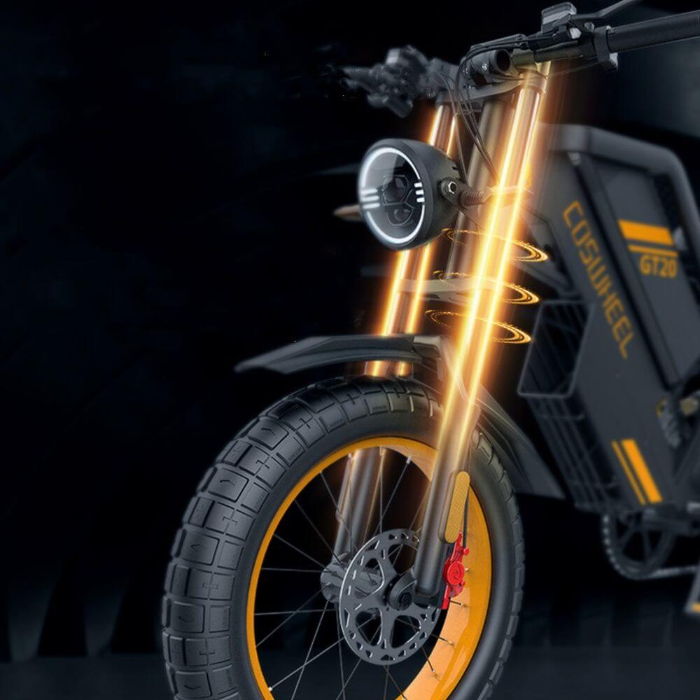 Black Coswheel GT20 1000W 48V adventure ebike with 20 inch fat tires and orange accents. front view