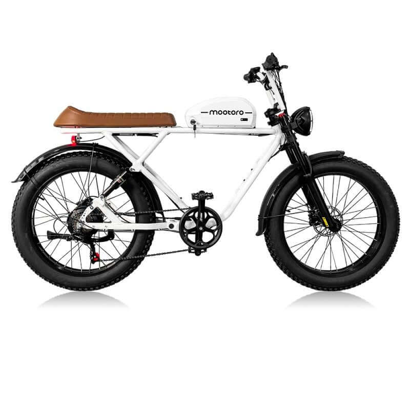 Side view of a 1000w vintage style electric cafe racer with 24 inch tires in black.