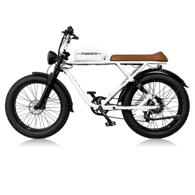 Close-up of the 52V battery on a 1000w vintage style electric cafe racer with 24 inch tires.