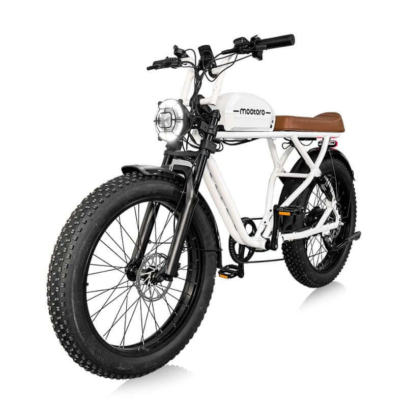 1000W brushless motor on a 1000w vintage style electric cafe racer with 24 inch tires. side view