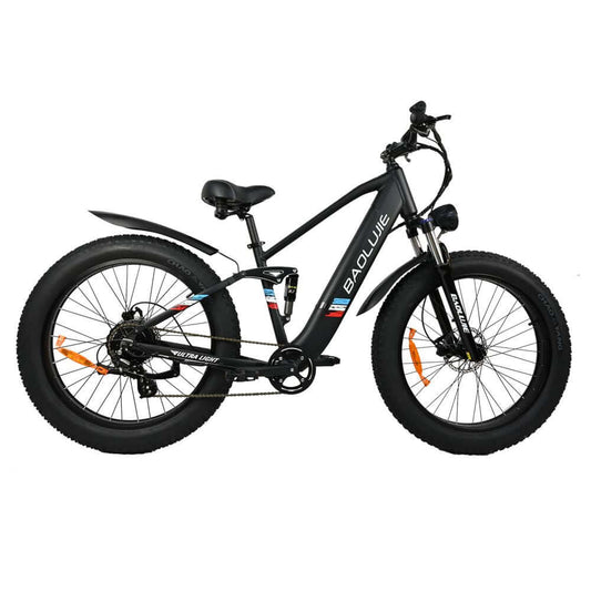 Profile view of the 48V 12AH fat tire mountain bike with Shimano 8 speed in an outdoor setting.