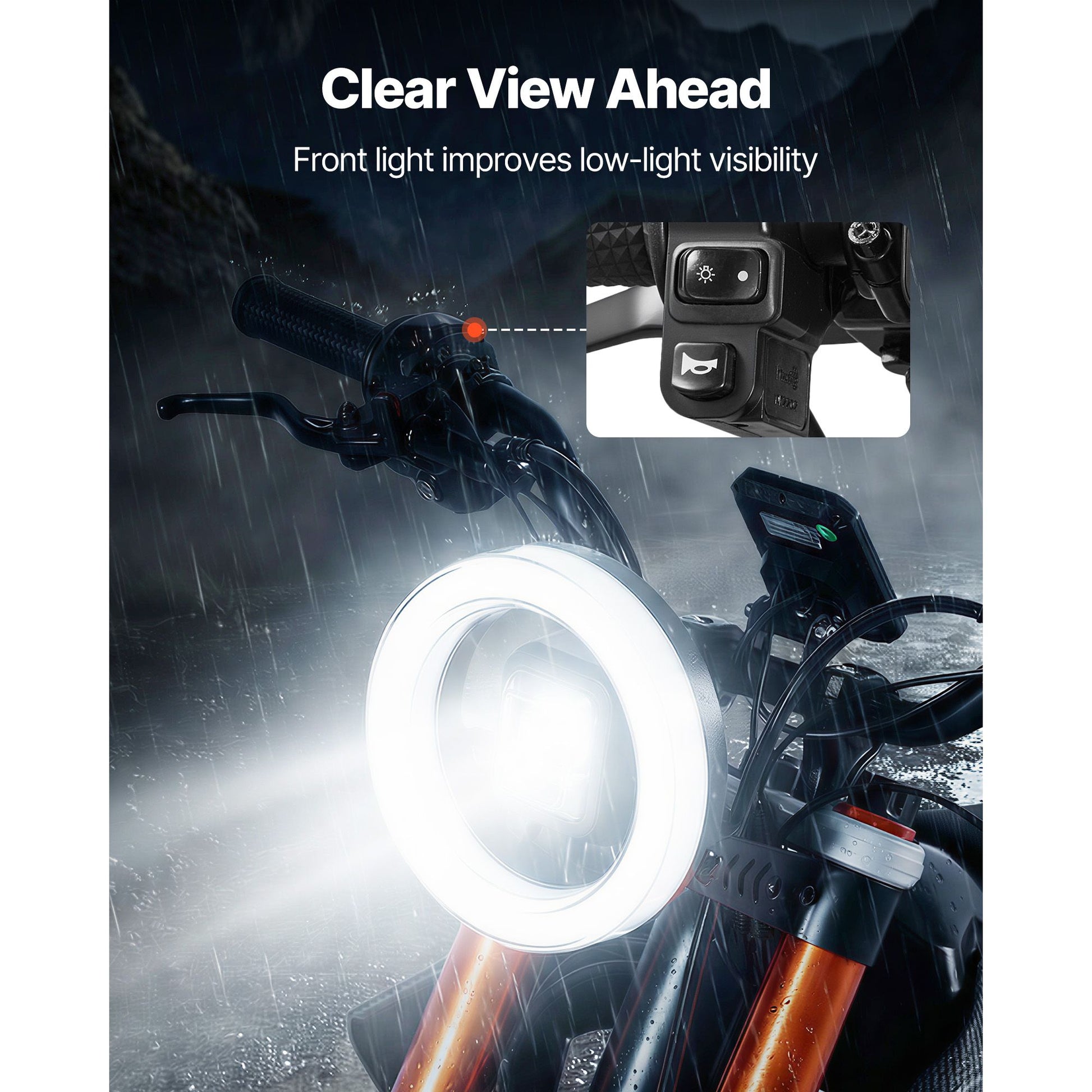 electric bike headlight with raindrops on a dark background, emphasizing improved low-light visibility.