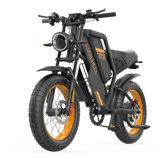 Black Coswheel GT20 1000W 48V adventure ebike with 20 inch fat tires and orange accents.