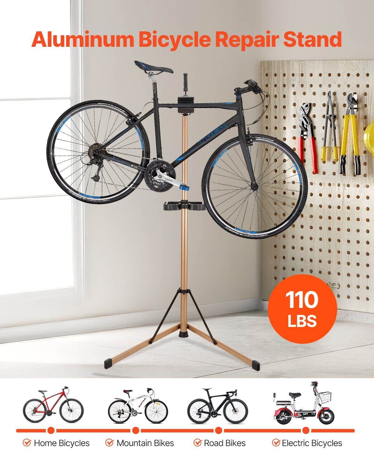 360-degree rotating metal clamp on a heavy duty foldable ebike repair stand for home mechanics.