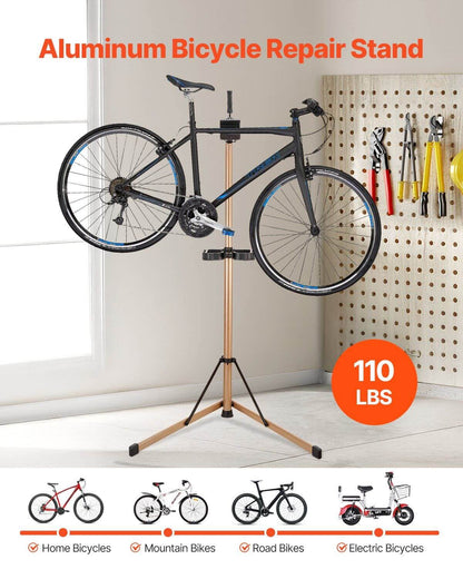 360-degree rotating metal clamp on a heavy duty foldable ebike repair stand for home mechanics.