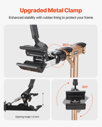 Magnetic tool tray and adjustable height lever on a heavy duty foldable ebike repair stand for home mechanics.