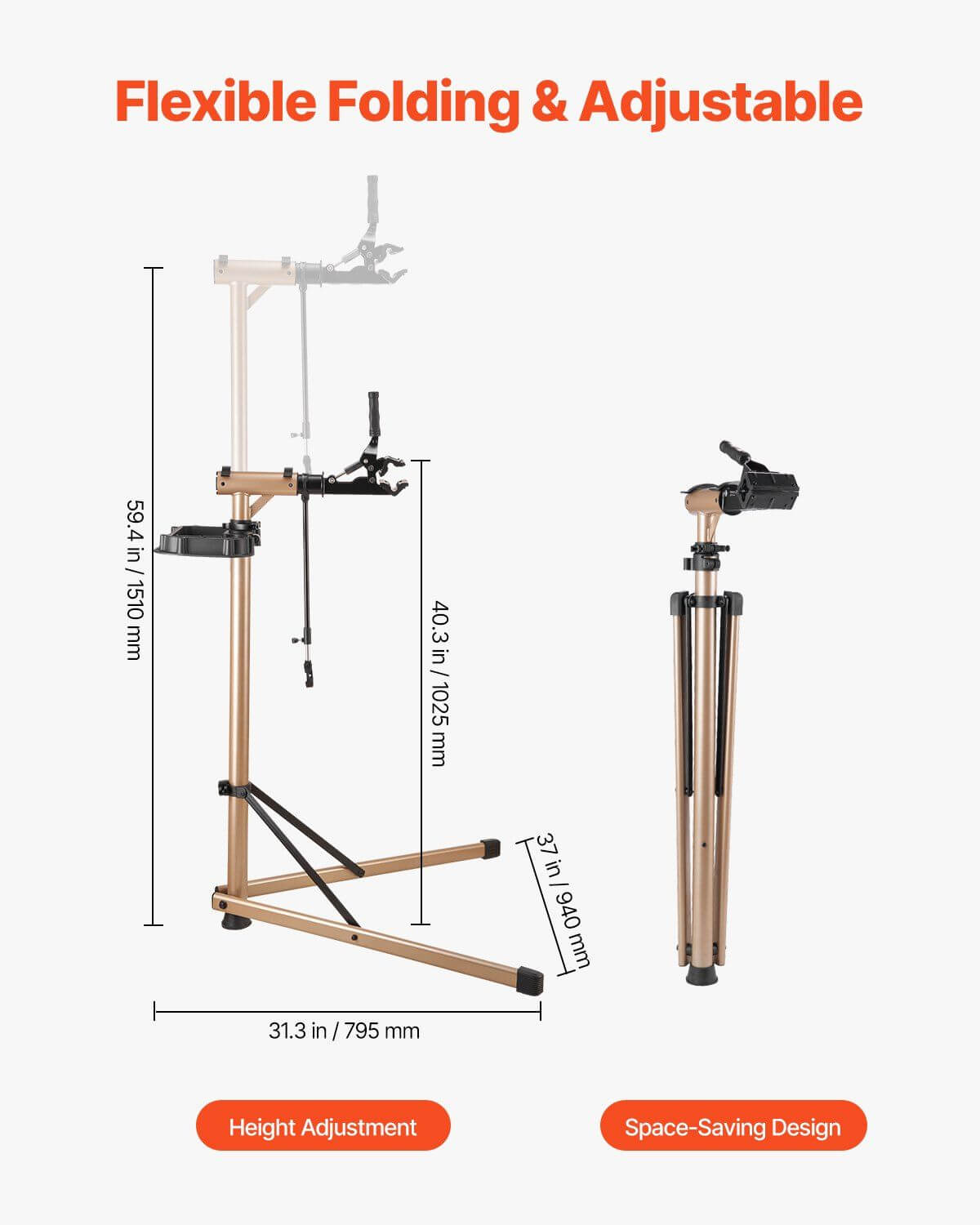 A heavy duty foldable ebike repair stand for home mechanics shown in its compact storage state.
