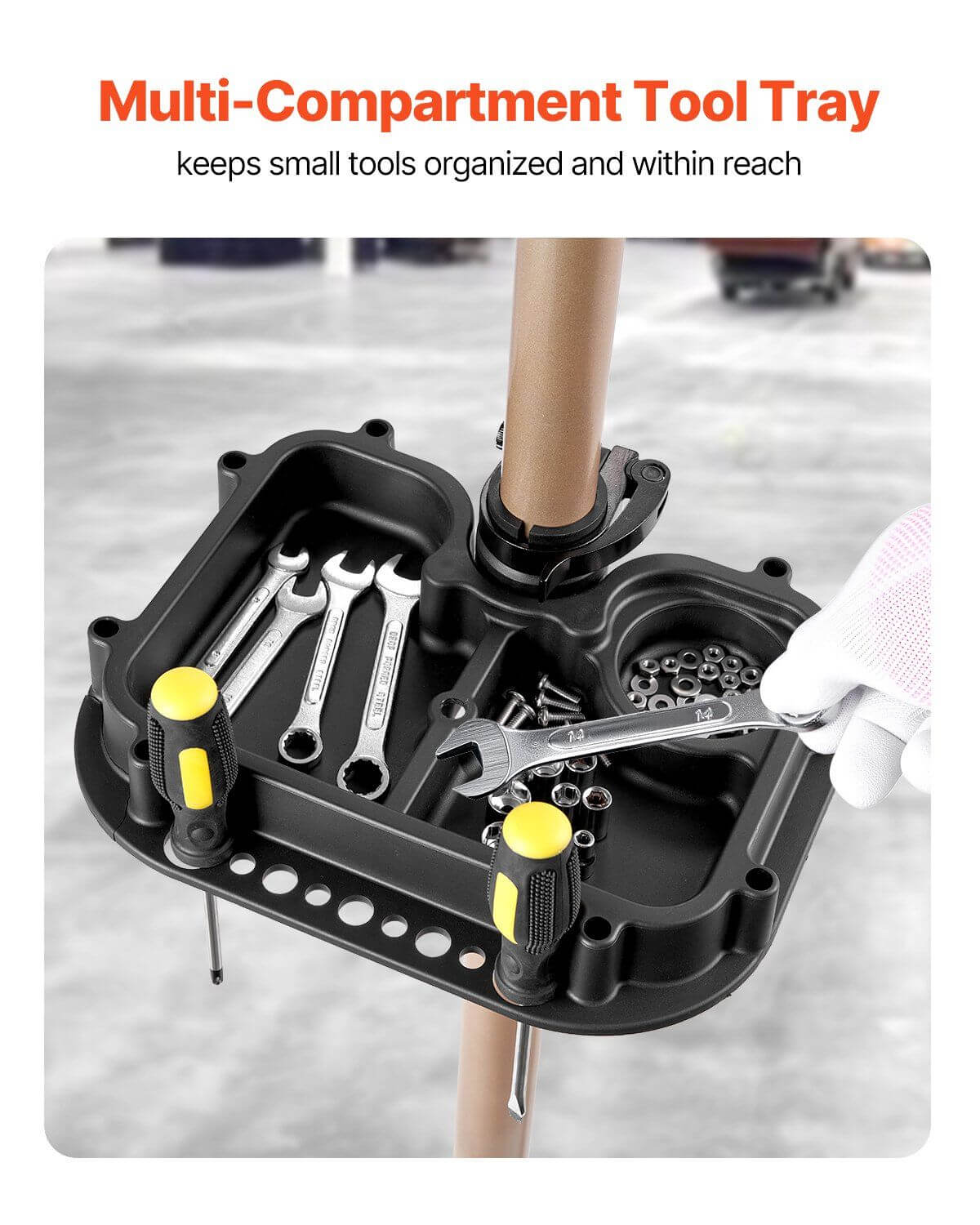 VEVOR heavy duty foldable ebike repair stand for home mechanics holding a mountain bike.