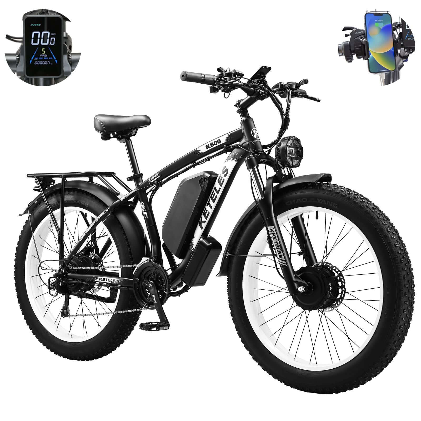 Profile of the KETELES 48V 23AH dual motor 2000W electric bike with fat tires.
