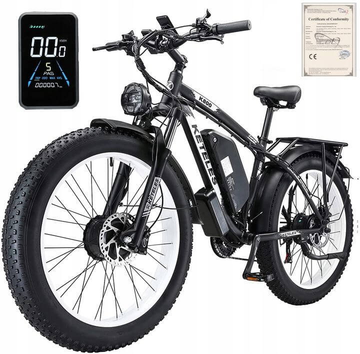 Front and rear 1000W motors on a KETELES 48V 23AH dual motor 2000W electric bike.