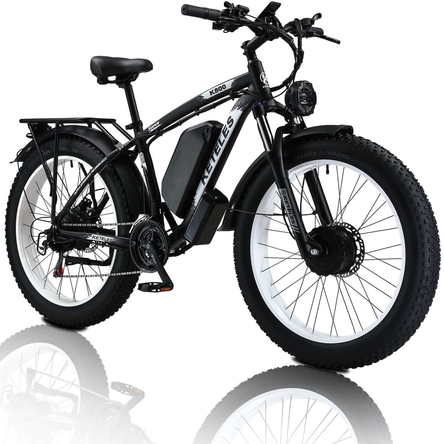 Front and rear 1000W motors on a KETELES 48V 23AH dual motor 2000W electric bike.