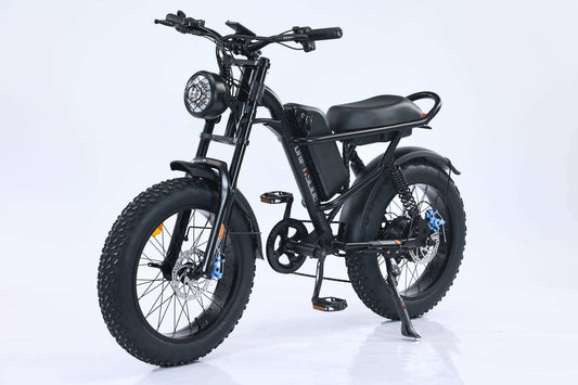 Black GaoBai EMB009 affordable 20 inch fat tire mountain ebike under 900 on a mountain trail.