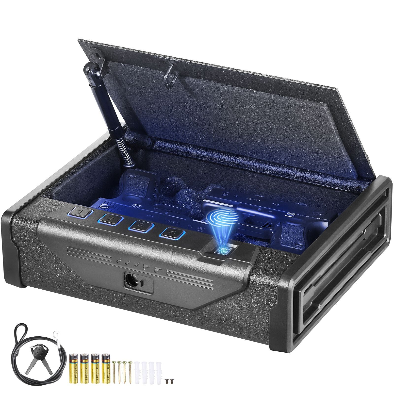 Biometric handgun safe for two pistols with fingerprint, keypad, and backup key access