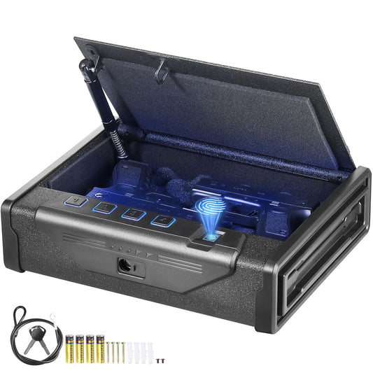 Biometric handgun safe for two pistols with fingerprint, keypad, and backup key access