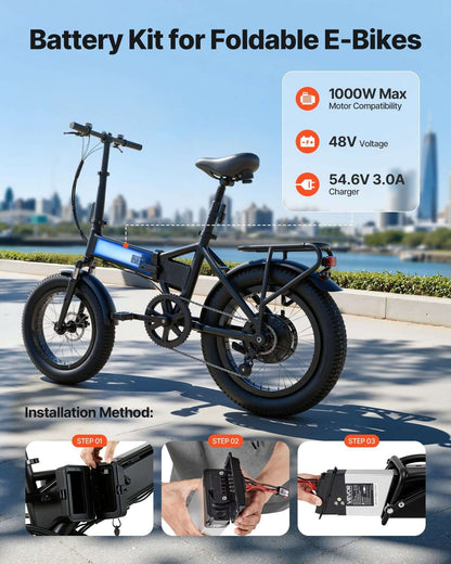 vevor 48v folding e-bike battery installed on a folding electric bike frame.