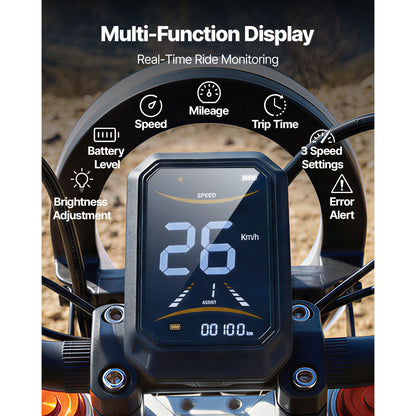 Motorcycle digital display with various functions on a blurred background
