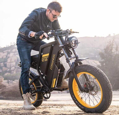 Dual front shocks and hydraulic brakes on a 1000W 48V adventure ebike with 20 inch fat tires.
