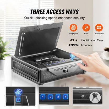 Open biometric handgun safe showing interior storage space and quick-access controls